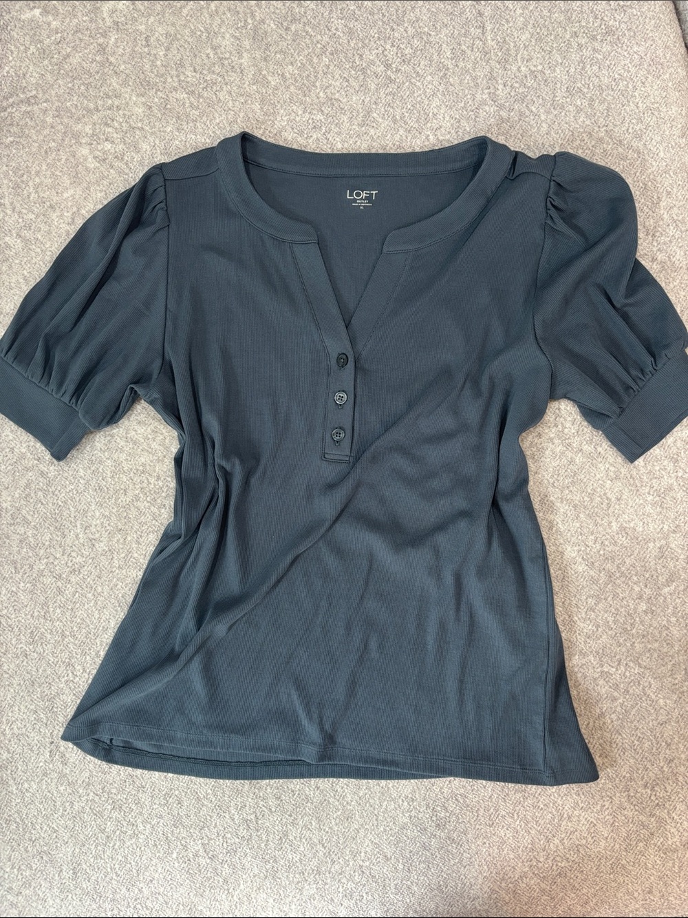 LOFT Dark Teal Short Sleeve Henley with Puff Sleeves